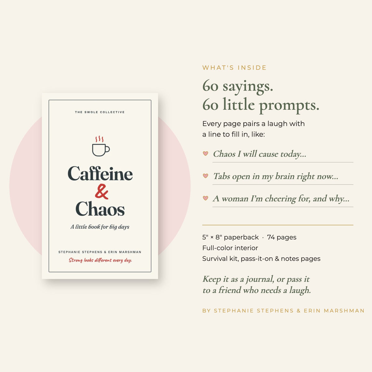 What's inside Caffeine & Chaos: 60 sayings, each with a write-in prompt